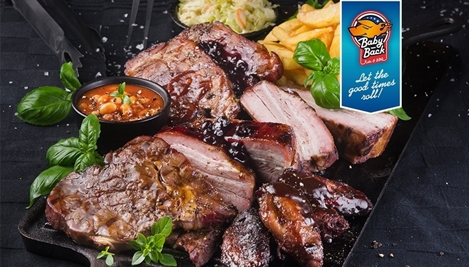BabyBack Ribs & BBQ bagātīga gaļas izvēle diviem ar vīnu vai sulu
